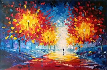 Oil Painting Original Gift Large Autumn Oil Painting Original Landscape Evening in Autumn City Park Love Rain Colorful Trees thumb