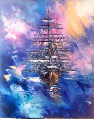 Ship Original Marine Painting Oil on Canvas Seaman Sailing Ship Journey Seascape 19.68x15.74 inches thumb