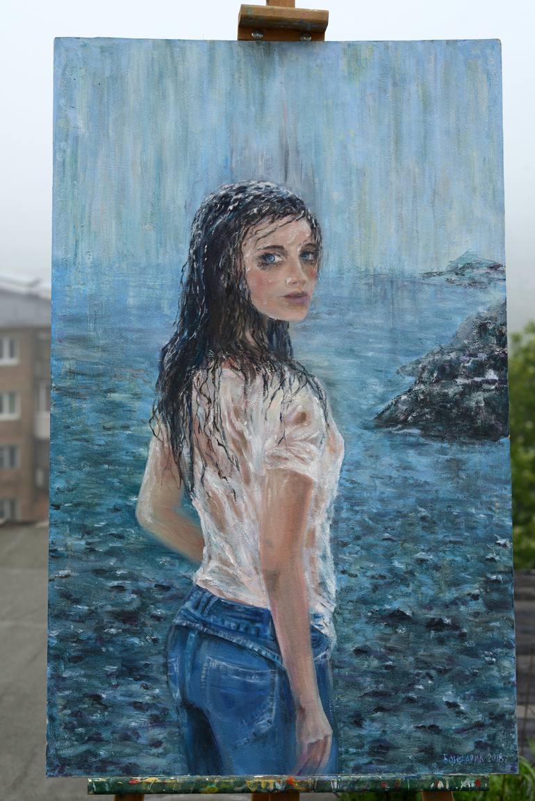 woman in the rain painting