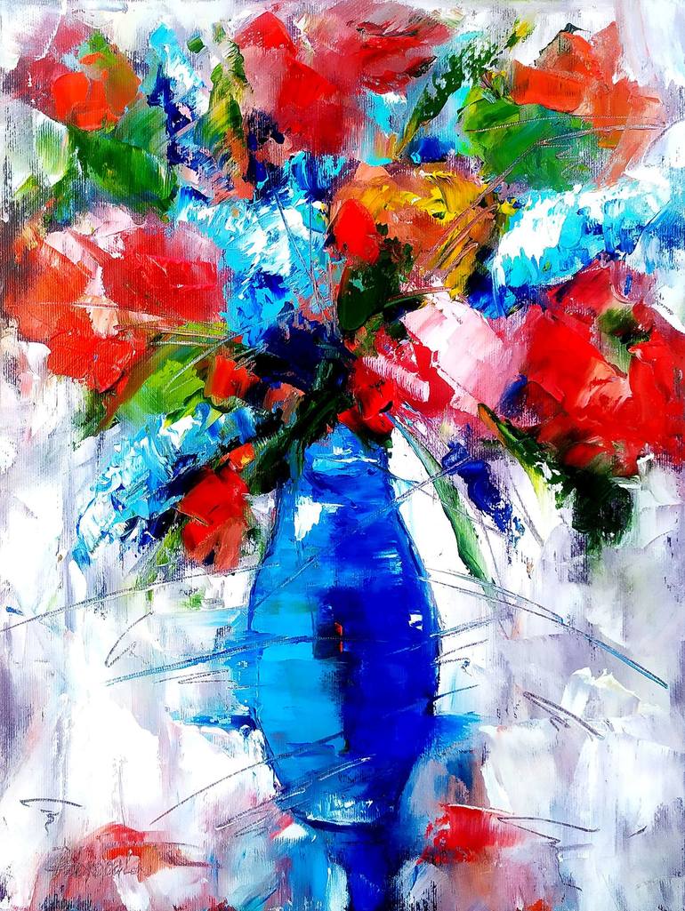 Floral Original Art Impasto Oil Painting Flower 16 by 12 in - Print