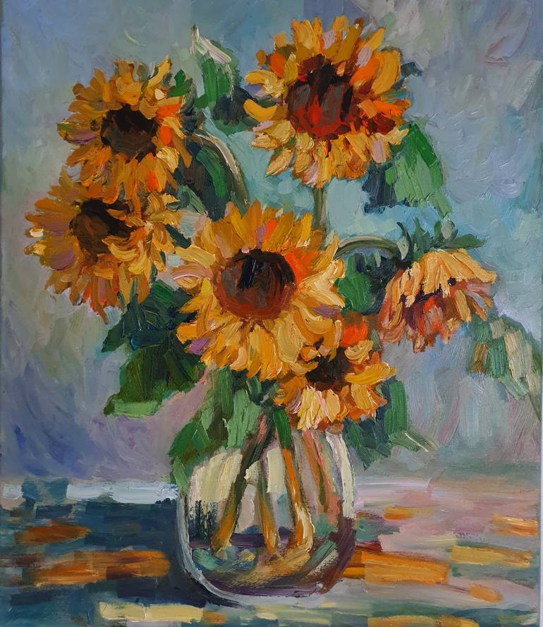Original Floral Painting by Olena Kolotova | Impressionism Art on Canvas | Oil painting of flowers, Bouquet "Sunflowers"