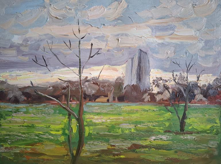 Original Landscape Painting by Olena Kolotova | Impressionism Art on Canvas | Sunset over the city
