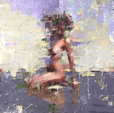 Purple wind - Women with flowers in hair in the wind , Art print thumb