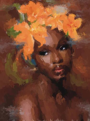 Sunshine Flowers- portrait Black Lady with flowers, original Art thumb