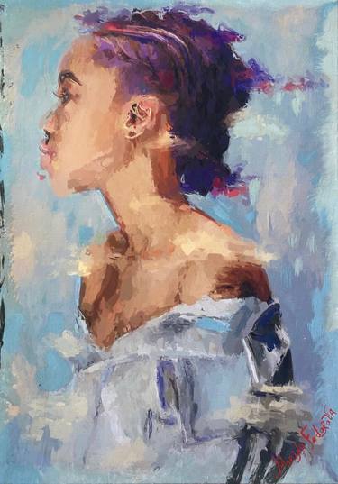 Yang Flower, Beautiful  Africain girl with bare shoulders. Acrylic painting thumb