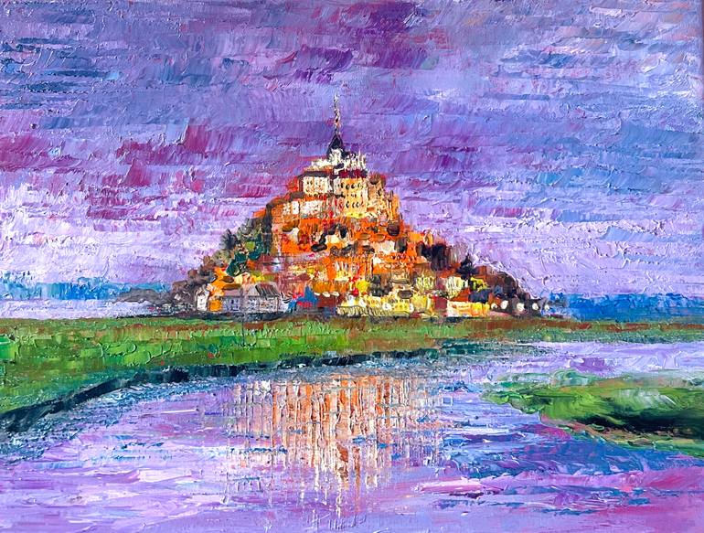 Original Architecture Painting by Diana Mazjane | Color Field Painting Art on Canvas | Mont Saint-Michel in Violet Light
