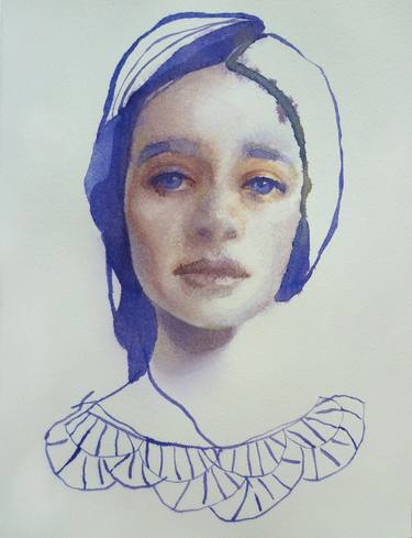Girl with blue lace. Watercolor. thumb
