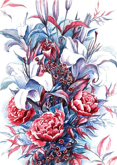 Lilies and peonies. Blue with pink watercolor bouquet. thumb