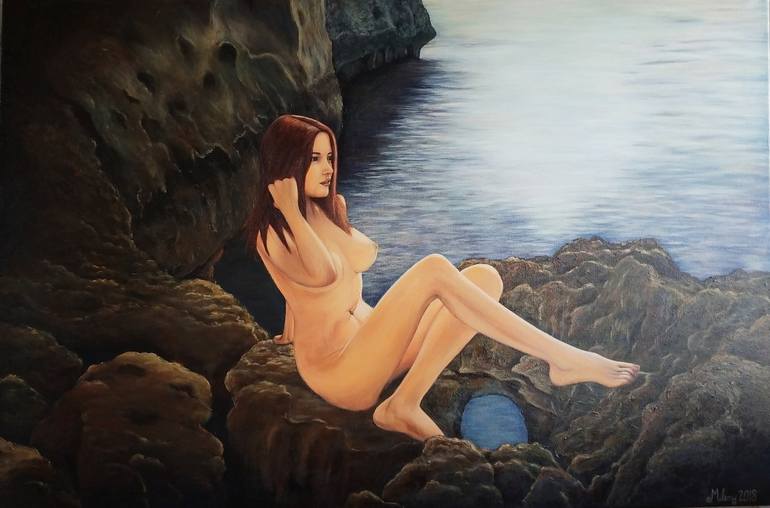 Woman sunbathing on the rocks Painting by Mileny Gonzalez Saatchi picture photo