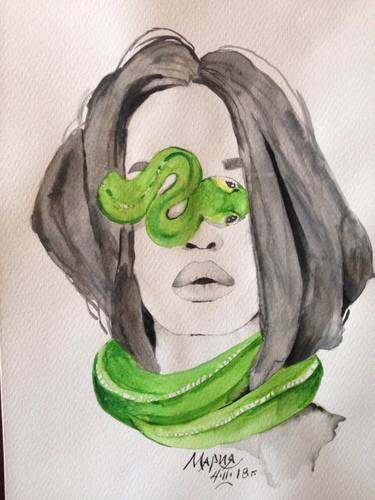 Watercolor art the girl with snake thumb