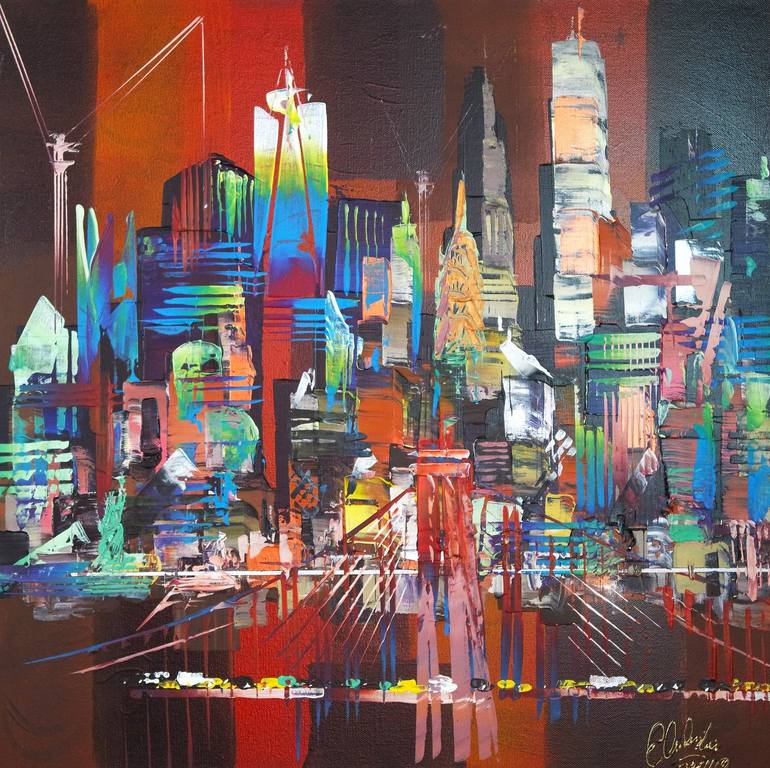 Original Architecture Painting by Eraclis Aristidou | Abstract Expressionism Art on Canvas | City New York Bridge Skyline 146