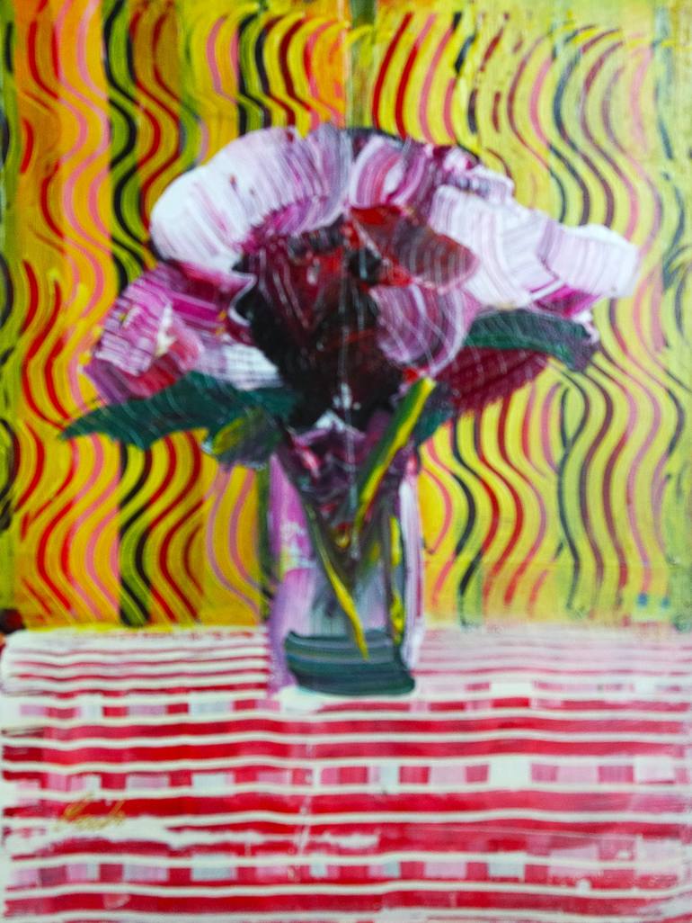 Original Floral Painting by Eraclis Aristidou | Abstract Expressionism Art on Hardboard | Red and white flowers in vase on table expressions 825