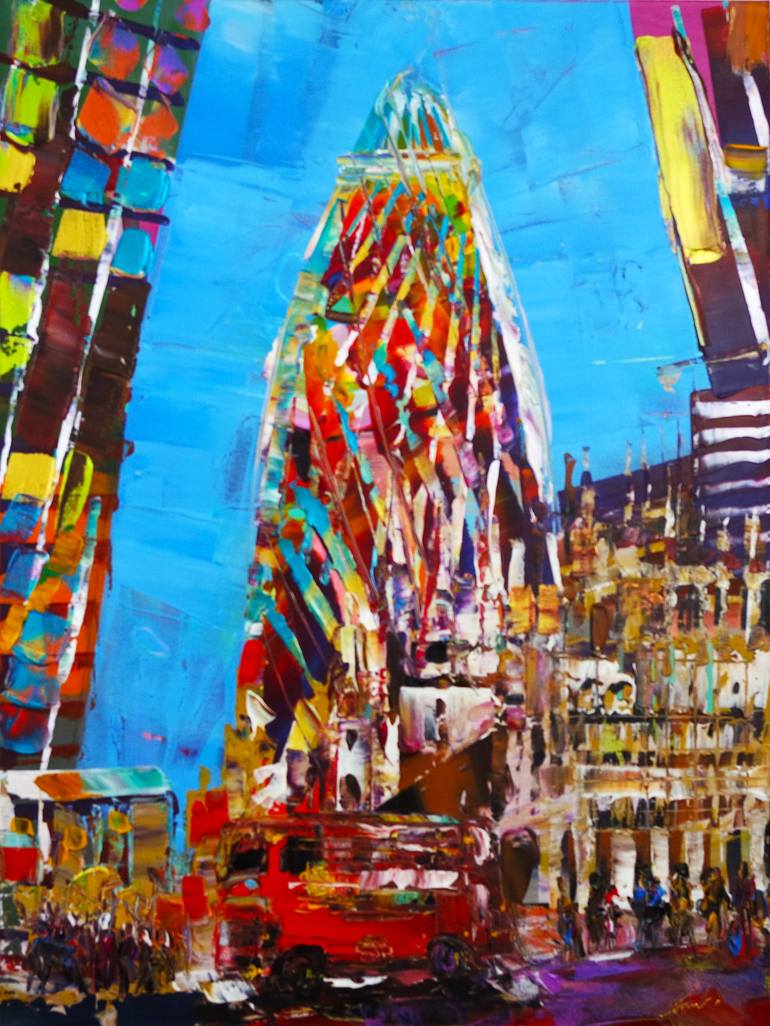 Original Architecture Painting by Eraclis Aristidou | Abstract Expressionism Art on Canvas | City the Gherkin London 961