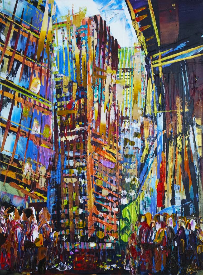Original Architecture Painting by Eraclis Aristidou | Abstract Expressionism Art on Canvas | Bustling City Centre 984
