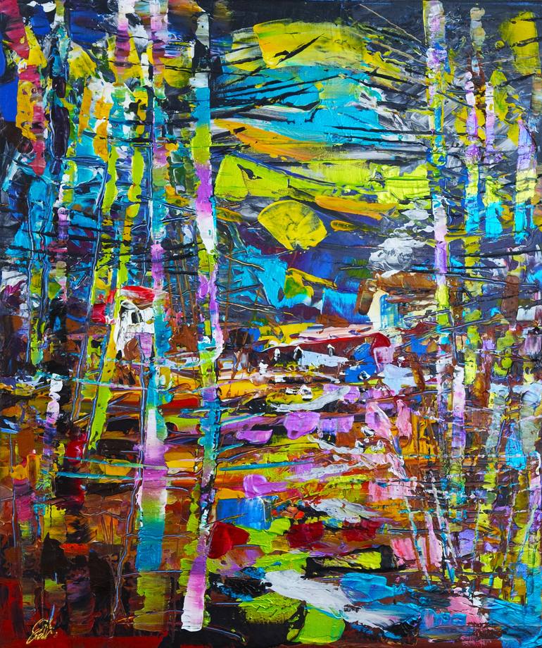 Original Sunset Painting by Eraclis Aristidou | Abstract Expressionism Art on Canvas | Sunset in the Woods Abstract Expression 024