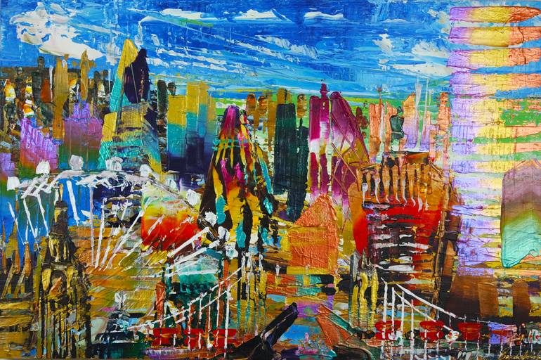 Original Architecture Painting by Eraclis Aristidou | Abstract Expressionism Art on Canvas | City of London Skyline Abstract 056