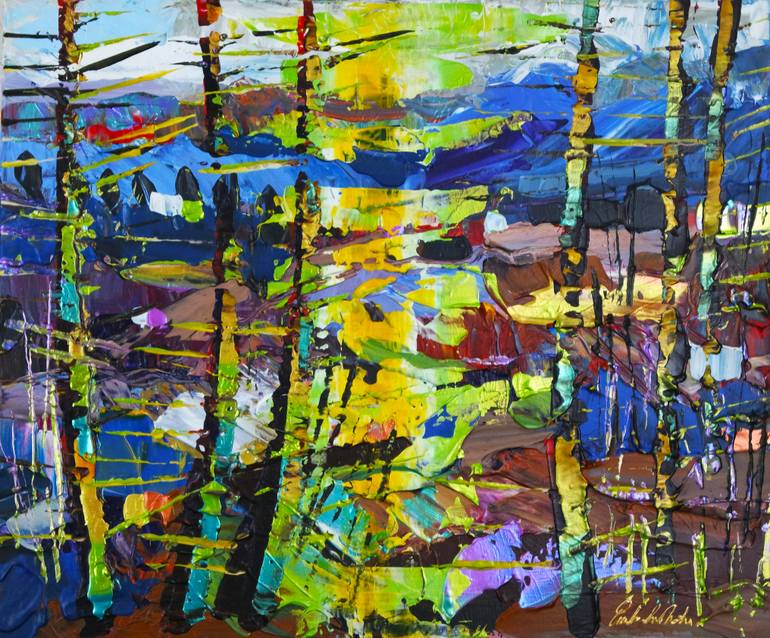 Original Sunrise Painting by Eraclis Aristidou | Abstract Expressionism Art on Canvas | Sunset in the Woods Expression 070
