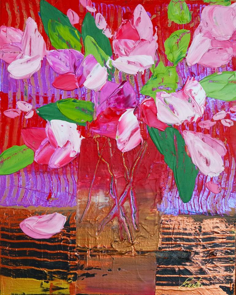 Original Floral Painting by Eraclis Aristidou | Abstract Expressionism Art on Canvas | Pink Flowers in Gold and Red Vase 110