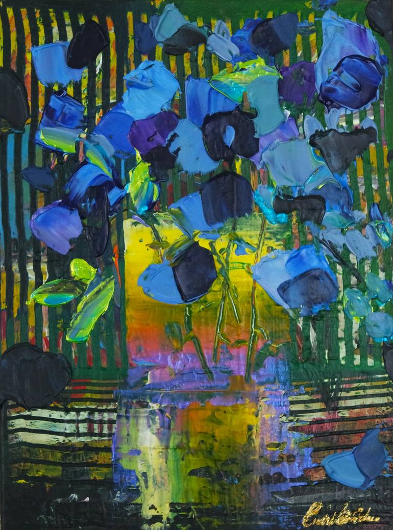 Original Floral Painting by Eraclis Aristidou | Abstract Expressionism Art on Canvas | Blue Flowers in Yellow and Purple Vase 122
