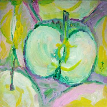 Apple art painting cardboard fruit still life Original oil Dining room Wall decor Kitchen Pink green purple colorful bright cute thumb