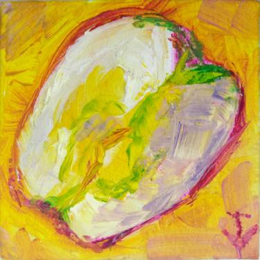 Apple art oil painting cardboard fruit still life Original Dining room Wall decor Kitchen White pink green yellow colorful bright cute thumb