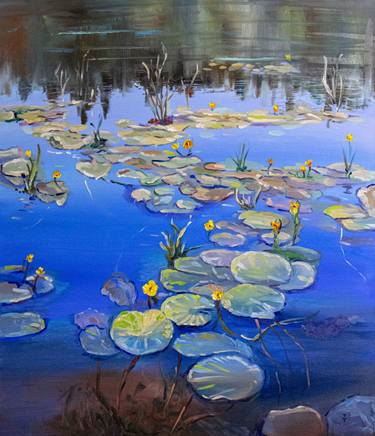 Water lily painting, original art, oil on stretched canvas.  Landscape, pond flower floral artwork. thumb
