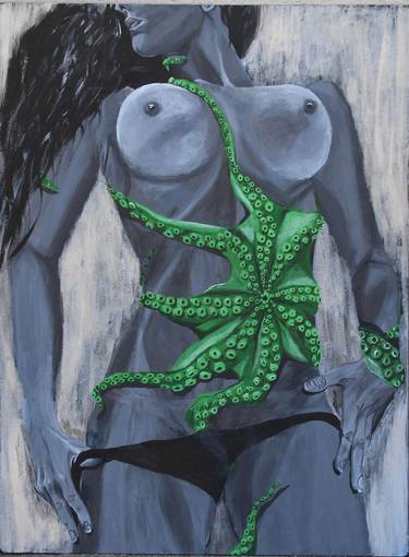 Acrylic painting "The Woman's Octopuss". Erotic Japanese theme painting with octopus thumb