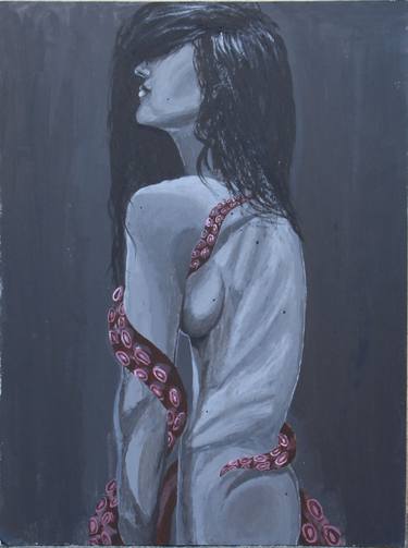 Acrylic painting "The Ugly woman" with octopus. Erotic style thumb