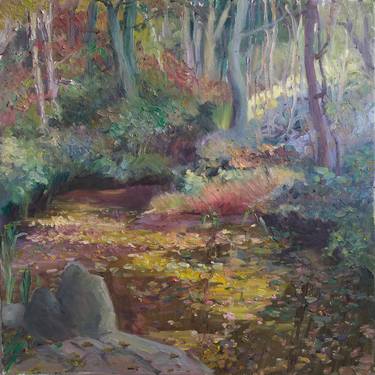 A whisper of autumn- season landscape, pond in the woods painting thumb