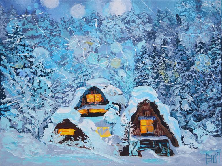 Horse in winter snow landscape house home chalet Acrylic painting canvas artwork art