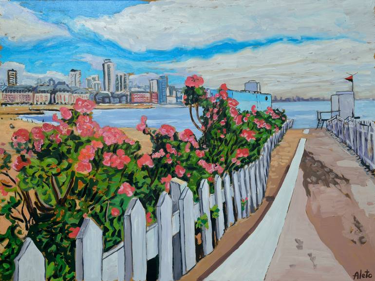 Original Landscape Painting by Alejandro Cilento | Contemporary Art on Wood | Flowers on the Way to the Sea, Mar del Plata - Argentina