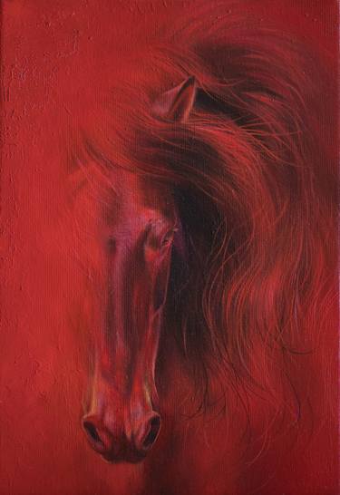 Abstract horse portrait. Modern art. Animal oil painting - Red blood- thumb