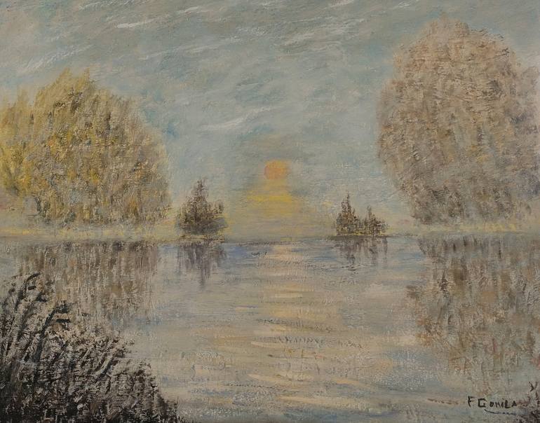 Original Landscape Painting by Ferran Gomila | Impressionism Art on Canvas | Misty morning at the lake.