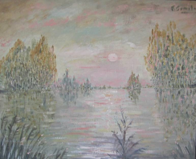 Original Landscape Painting by Ferran Gomila | Expressionism Art on Canvas | A calm day on the lake.