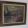 Oil on canvas, signed, a far away view of  the mountains wit the moon at the top, always a misterious feeling.