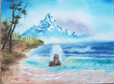 Distant Mountain Deep Blue Seascape Oil Painting thumb