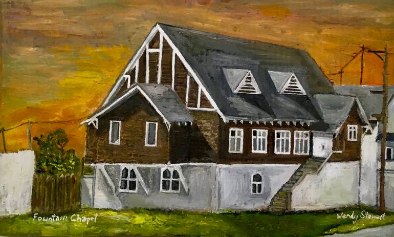 Original Architecture Painting by Wendy Stewart | Contemporary Art on Corrugated Cardboard | Fountain Chapel, oil on 11 x 18 inch cardboard