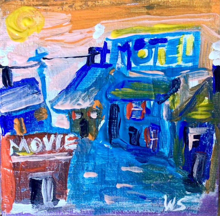 Original Architecture Painting by Wendy Stewart | Abstract Expressionism Art on Canvas | Neon Sunset