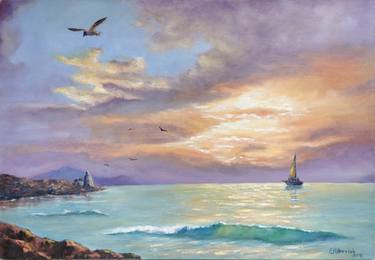 Sunset over the sea original oil painting thumb