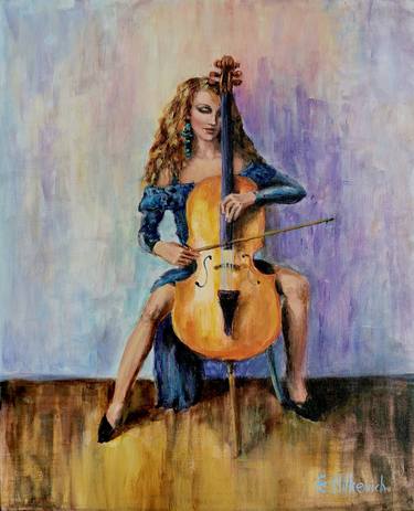 Original oil painting, Cello musician painting thumb