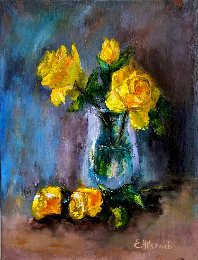 Yellow Roses Original Flower Watercolor Painting, Signed Floral Watercolor,  Original Wall Decor, Impressionist Art, Bright Flower Painting. 