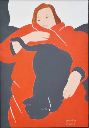 Woman in Red Robe with Black Cat thumb
