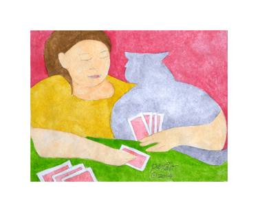 Woman with Cat Trying to Play Cards thumb