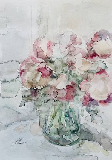 Bouquet with peonies. Original watercolour painting. thumb