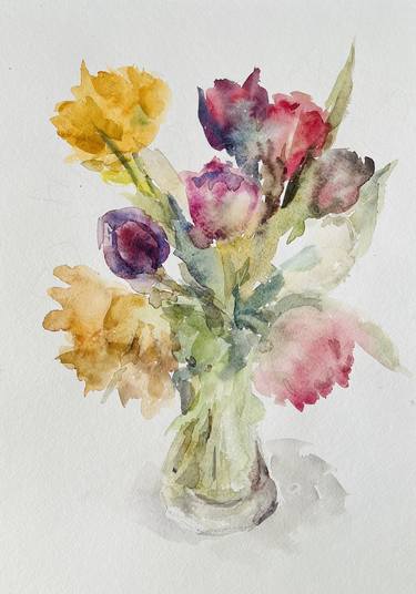 Tulips in vase. Original watercolour painting. 2022 thumb