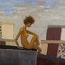 This is an acrylic on canvas painting.  It shows a nude female on the rooftop of a building with a Baltimore City skyline in the background.  Another work inspired by work as a nurse in the city.