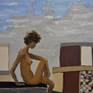 This is an acrylic on canvas painting.  It shows a nude female on the rooftop of a building with a Baltimore City skyline in the background.  Another work inspired by work as a nurse in the city.