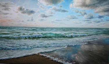 Sea landscape, Azure Sea, Seagulls, Sea beach, Original oil landscape thumb