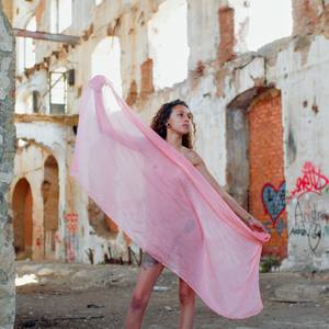Naked girl with scarf in ruins of abandoned factory #01