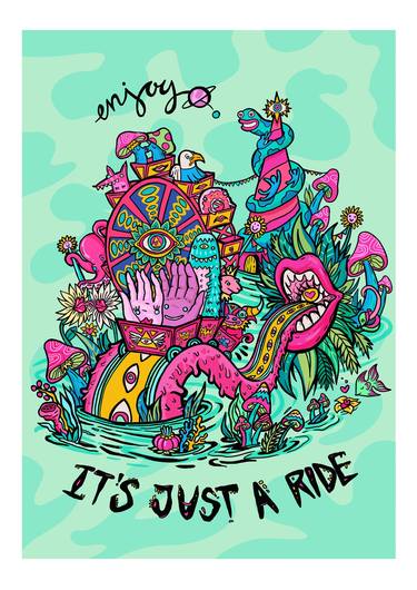 Enjoy, It's Just A Ride, limited edition giclee art print, pop surrealism illustration, surreal cartoon wall art of Bill Hicks quote - Limited Edition of 50 thumb